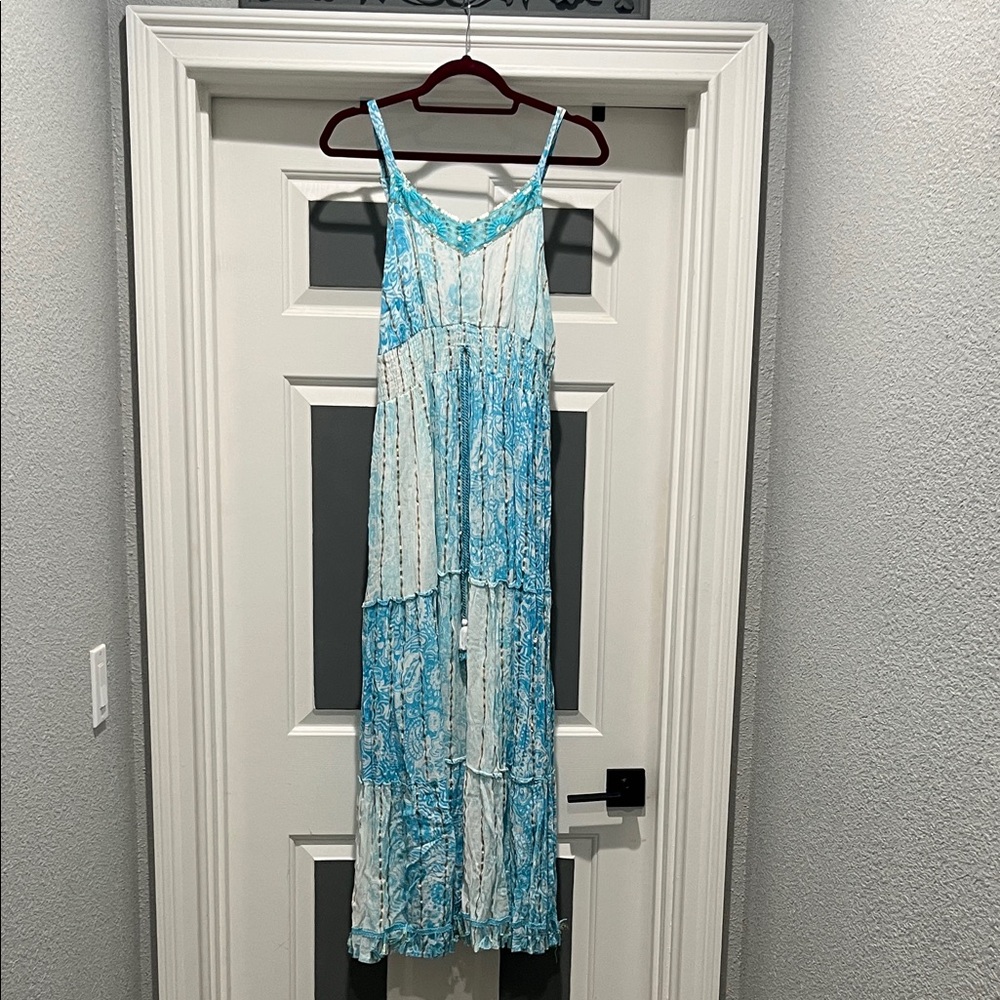 Blue Patchwork Maxi Dress with Spaghetti Straps